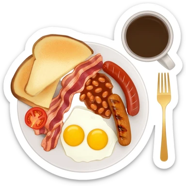 English breakfast full English breakfast with two eggs, bacon, sausage, beans, toast, and tomato оn a beautiful white plate with a gold fork and cup of coffee sticker