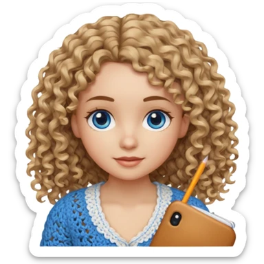 Girl with long light brown slightly blonde ish naturally wavy/curly hair and blue eyes who likes to crochet sticker