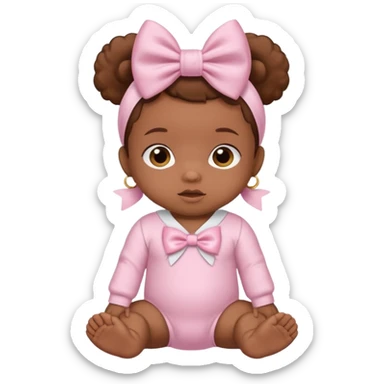 Brown skin baby with satin baby pink onesie and white bow sticker