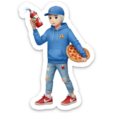 The American person. With white skin. And a blue baseball cap. A light red hoodie. With pizza on it. And torn blue jeans. With Nike shoes on. Holding  A spray paint can. sticker