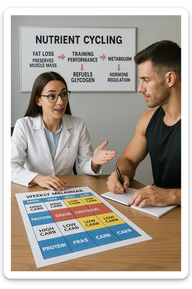 a nutritionist explains to an athlete how to cycle macronutrients for fat loss and training. On the desk, a weekly meal planner shows alternating high-carb and low-carb days, with color-coded sections for proteine, grassi, and carbo. The athlete takes notes, and a chart in the background illustrates the benefits of nutrient cycling. The mood is professional and educational. scritto in italiano sticker