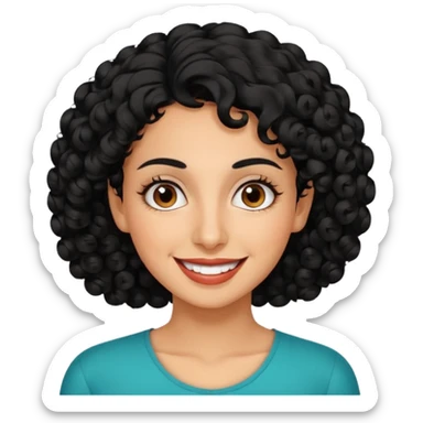 30 year old iranian woman very short curly black hair, big brown eyes, tanned skin, big smile, white teeth, pretty sticker