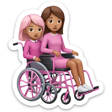 One tan skin sister pushing her light brown skin sister in a pink wheelchair sticker