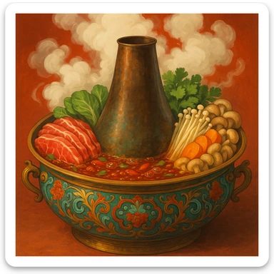 traditional Asian style hotpot, ornate pot, lots of steam, vibrant colors sticker