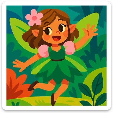fairycore girl with brown, light pink, and green fairy clothes and wings, light brown hair, playful and colorful, vibrant toon style sticker
