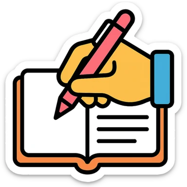 close-up view of a hand writing with a pink pen in a notebook, color outline icon style sticker
