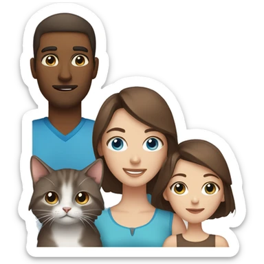 Woman with brown hair and blue eyes with man with brown hair and brown eyes holding a small gray cat sticker