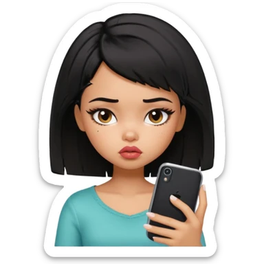 generate a pretty bratz girl with short black messuy hair, looking tired and using her phone sticker