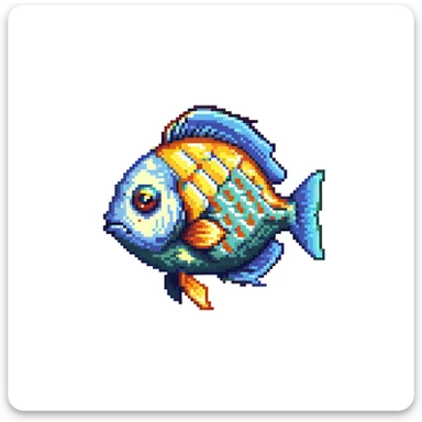 Tropical colorful fish for Minecraft inventory, eye pointing down-left at 45-degree angle, square texture, pixel art game asset sticker