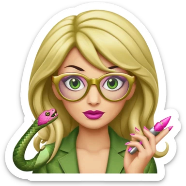 please create a snake with a bitchy evil face wearing a dark blonde wig and pink pointy nails and squared frame golden glasses sticker