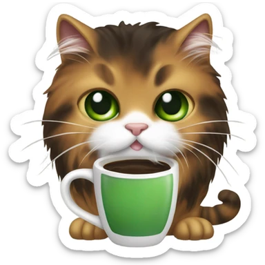 Long hair tortoise shell cat with green eyes and a white patch of fur over right eye drinking coffee sticker