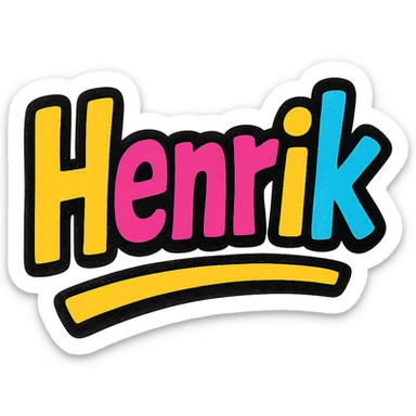 The name 'Henrik' in a modern, colorful gradient font with a dark outline, dynamic style with slanted or partial underline, in the style of reference patterns. sticker