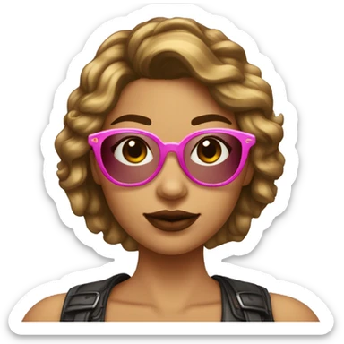 Chica joven de piel muy Clarita con pelo liso corto de color castaño, con gafas redondas con borde dorado. Pecas en las mejillas y labios gorditos color rosa.  sticker