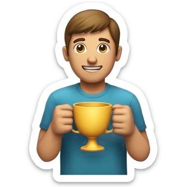a person holding a big cup for the first place in his hands 

 sticker