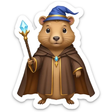 A mythical Queen Capybara wearing a wizard robe and a wand sticker