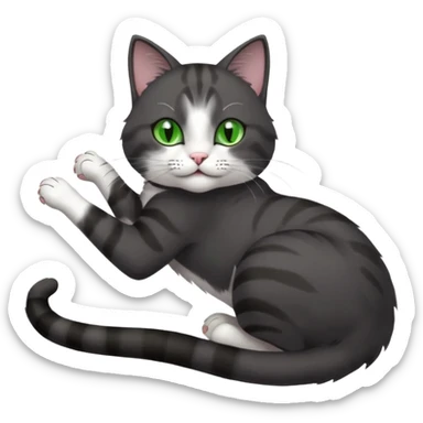 beautiful female solid dark grey cat with green eyes, white toes/paws and white patch on her chest playfully rolling upside down sticker