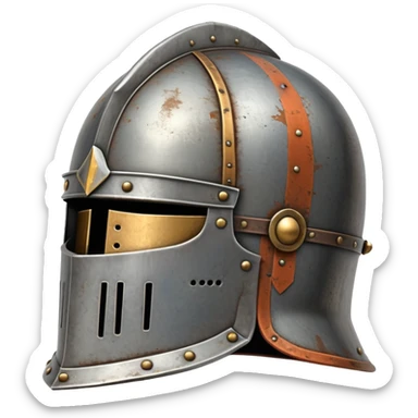 antique medieval knight helmet with light rust patches and weathered metal sticker