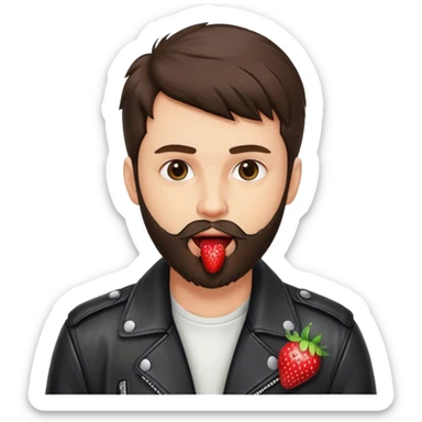 dressed with a black leather jacket, a brunette guy with a beard and toupee, with a strawberry in his mouth sticker