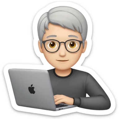 Make the hair gray or white, keep the emoji style of a young software engineer with a laptop and a tablet. sticker