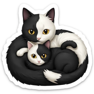 yin-yang symbol made of a black cat and a white cat, curled up together, peaceful expression, emoji style sticker
