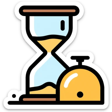 A small hourglass with just a little sand left at the bottom and a shining golden alarm bell next to it, representing a very short task sticker