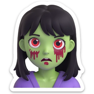 scary zombie girl emoji, medium long black hair with bangs, sunken eyes, scary expression sticker