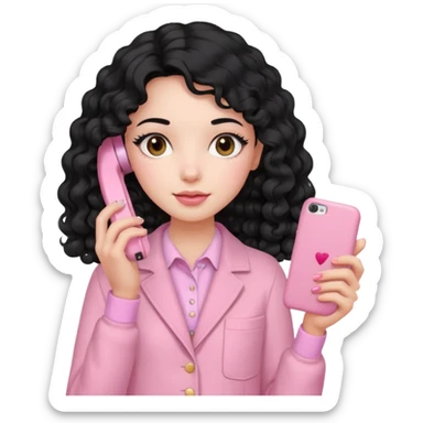 Girl with long curly black hair and vintage pastel pink clothing Holding a pink cell phone sticker