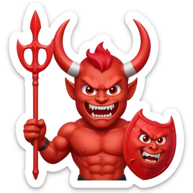 Red devil emoji, 3D cartoon style, muscular body, bright red skin, big curved white horns, angry face, sharp teeth smile, holding red trident, glossy emoji texture, centered character, GREEN SCREEN BACKGROUND, solid green color sticker