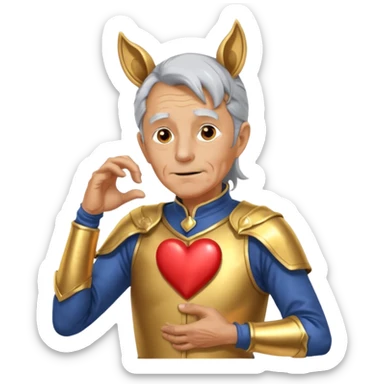 An elderly man with golden skin, his body shining like polished metal, wearing a horse cosplay costume with horse ears and a tail. He is making a heart shape with his hands and blushing slightly, showing a shy and embarrassed expression. sticker