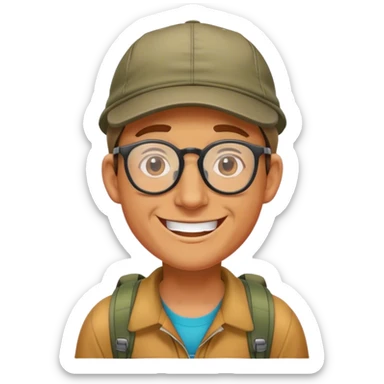 a hiker grinning wearing a cap and spectacles sticker