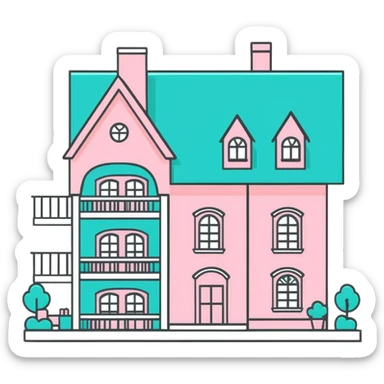 cute pastel pink dollhouse with miniature furniture sticker