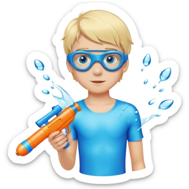 Blond 18 year old boy, with blue eyes, wearing swim goggles, normal clothes, holding a water gun sticker