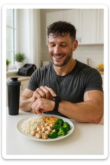 a fit man in his 30s, still in gym clothes and slightly sweaty, sits at a kitchen table right after a workout. In front of him is a balanced meal with a generous portion of rice, pasta, or potatoes, along with lean protein and vegetables. He checks his watch or a fitness app, smiling with satisfaction as he times his post-workout meal. The background is a bright, modern kitchen, with a shaker bottle and gym bag visible. sticker