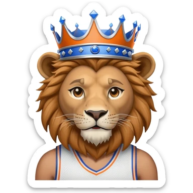 A lion wearing a knicks basketball jersey and a blue crown on his head sticker