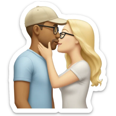 blonde woman with glasses and men with light skin and cap kissing sticker