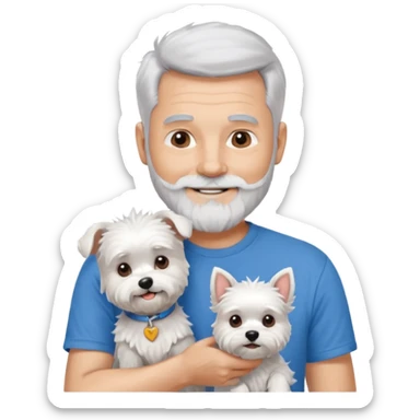 handsome gentleman, 60 years old, spiky crew cut silver hair, full beard, wearing a blue t-shirt, smiling and holding a maltese dog sticker