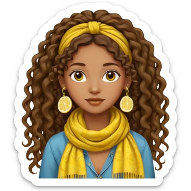 boho girl, brown skin, long curly brown hair tied up high at the back, lemon yellow scarf, round earrings sticker