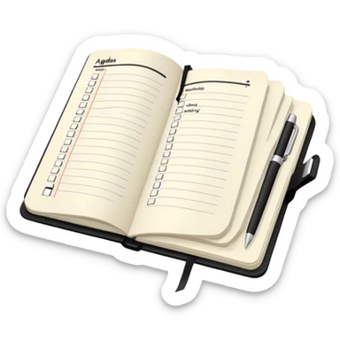 An open black Moleskine notebook with 'AGENDA' written in bold at the top of the page and meeting items with bullet points clearly visible below sticker