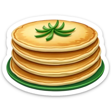 Chinese scallion pancake with visible layers and green onions, simplified emoji style with bold outlines and bright colors, cartoon style crispy Cong You Bing sticker