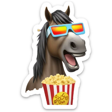 horse watches a movie in 3D glasses and eats popcorn sticker