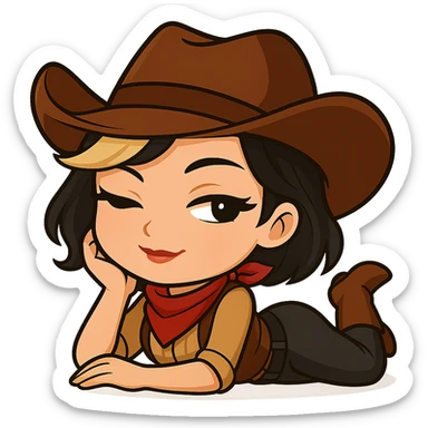 Sexy chibi cowgirl with short hair and a blonde streak, wearing a cowboy hat and western outfit, no guns. Chibi/anime style, transparent background, sized for Twitch or Discord use. Pose: lying on her side, head propped on hand, sultry smile. sticker