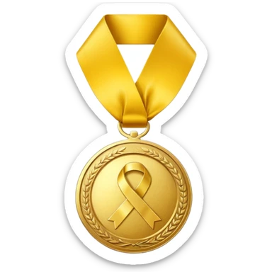 A golden medal with a glossy finish, featuring a central gold awareness ribbon symbol sticker