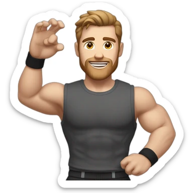 Close up Actively gesturing  with hands Pale skinned Fit Man With the biceps and brown hair in dark gray Sleeveless Mike, black oversize sports shorts, watch and white Sneakers sticker