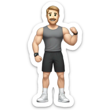 Full height Actively gesturing with hands Pale skinned Fit Man With the biceps and brown hair in dark gray Sleeveless Mike, black oversize sports shorts, watch and white Sneakers sticker