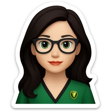 Make her hair a darker brown with a side parting and no fringe, keep the rest the same, no background. sticker