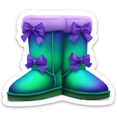 Realistic pair of green to purple ombre Ugg fur boots with silk ribbon bows. sticker
