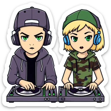 Two people, boy- vampire with dark hair and green eyes wearing a camo hat. Then A girl with blonde hair light blue eyes and she is djing  sticker