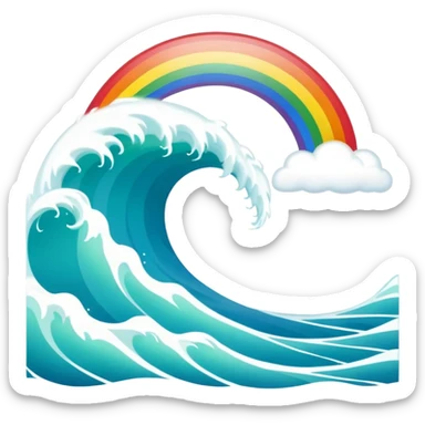 An ocean wave emoji with a rainbow emerging above it, representing peace and positivity after a storm. Minimal, glossy emoji design, vibrant yet calm color scheme. sticker