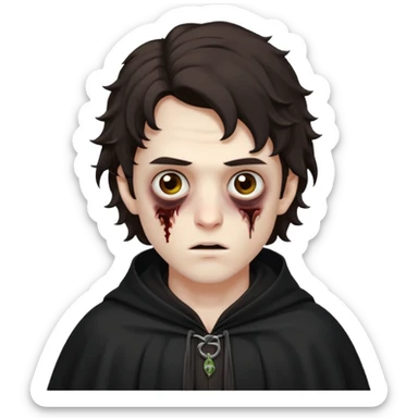 это должен быть юноша, одет в черную мантию, глаза цвета хамелион, но более коричневые, выглядит как зомби и еще длинные немножко кудрявые волосы темно коричневого цвета sticker