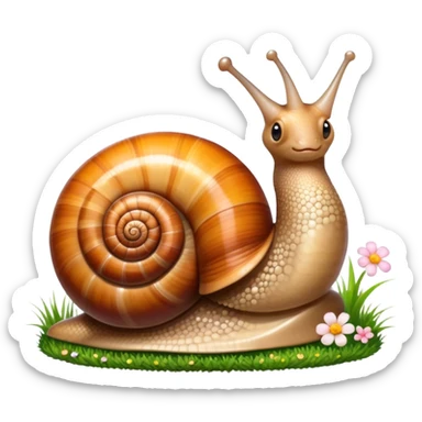 Close-up of large home snails inside a terrarium, showcasing their soft, spiral shells and glistening bodies, with a gentle light highlighting their details. With stones and grass and flowers. Transparent background. sticker